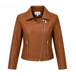 Vigoss Camel Faux Leather Moto Biker Jacket Womens Small Collared Zip Pockets